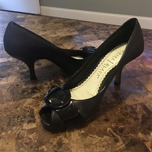 White House Black Market Black Peep-Toe Heels with Decorative Buckle